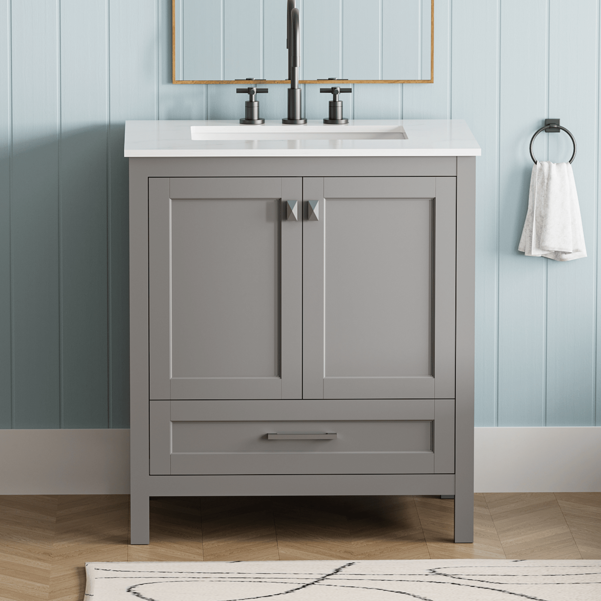 30' Freestanding Bathroom Vanity with Sink, Carrara Engineered Marble Vanity Top with Under - mounted Rectangular Ceramic Sink, Soft - Close Door, Solid Wood Frame Fully Assembled, Grey 24V03 - 30GR - 1st Choice Furniture Direct