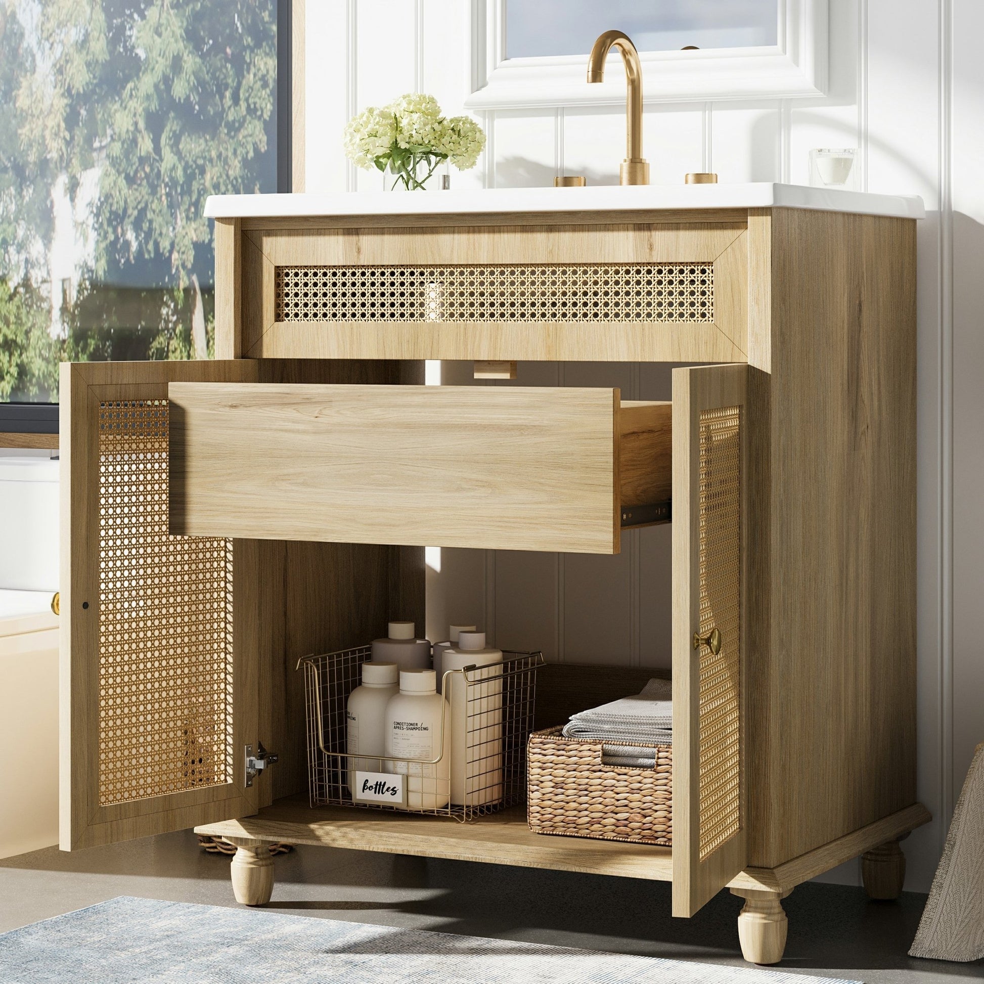 30 - Inch Bathroom Vanity with Handwoven Rattan Doors, Solid Wood Legs, Resin Basin in Natural Wood Finish - 1st Choice Furniture Direct