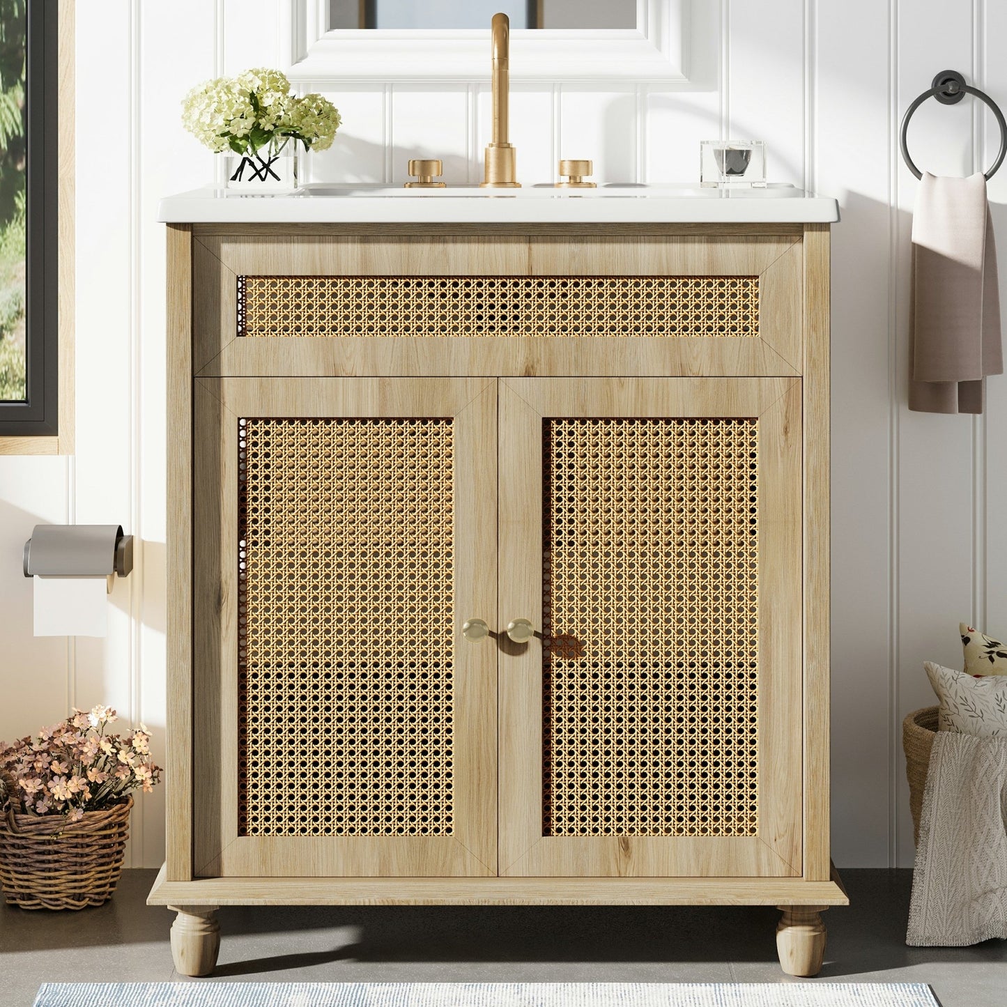 30 - Inch Bathroom Vanity with Handwoven Rattan Doors, Solid Wood Legs, Resin Basin in Natural Wood Finish - 1st Choice Furniture Direct