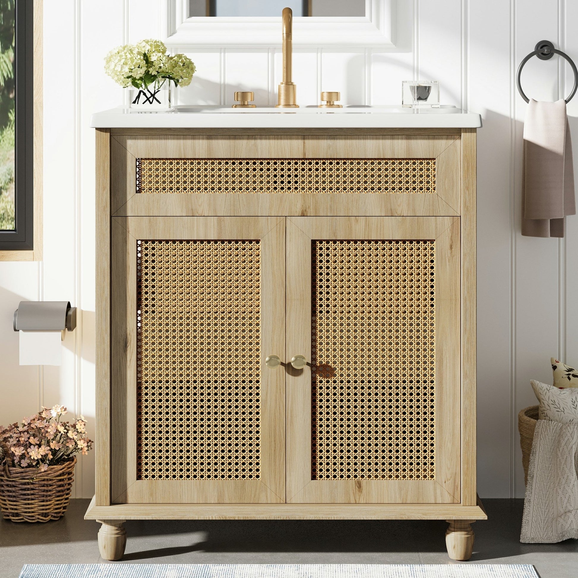 30 - Inch Bathroom Vanity with Handwoven Rattan Doors, Solid Wood Legs, Resin Basin in Natural Wood Finish - 1st Choice Furniture Direct