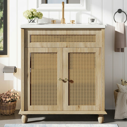 30 - Inch Bathroom Vanity with Handwoven Rattan Doors, Solid Wood Legs, Resin Basin in Natural Wood Finish - 1st Choice Furniture Direct