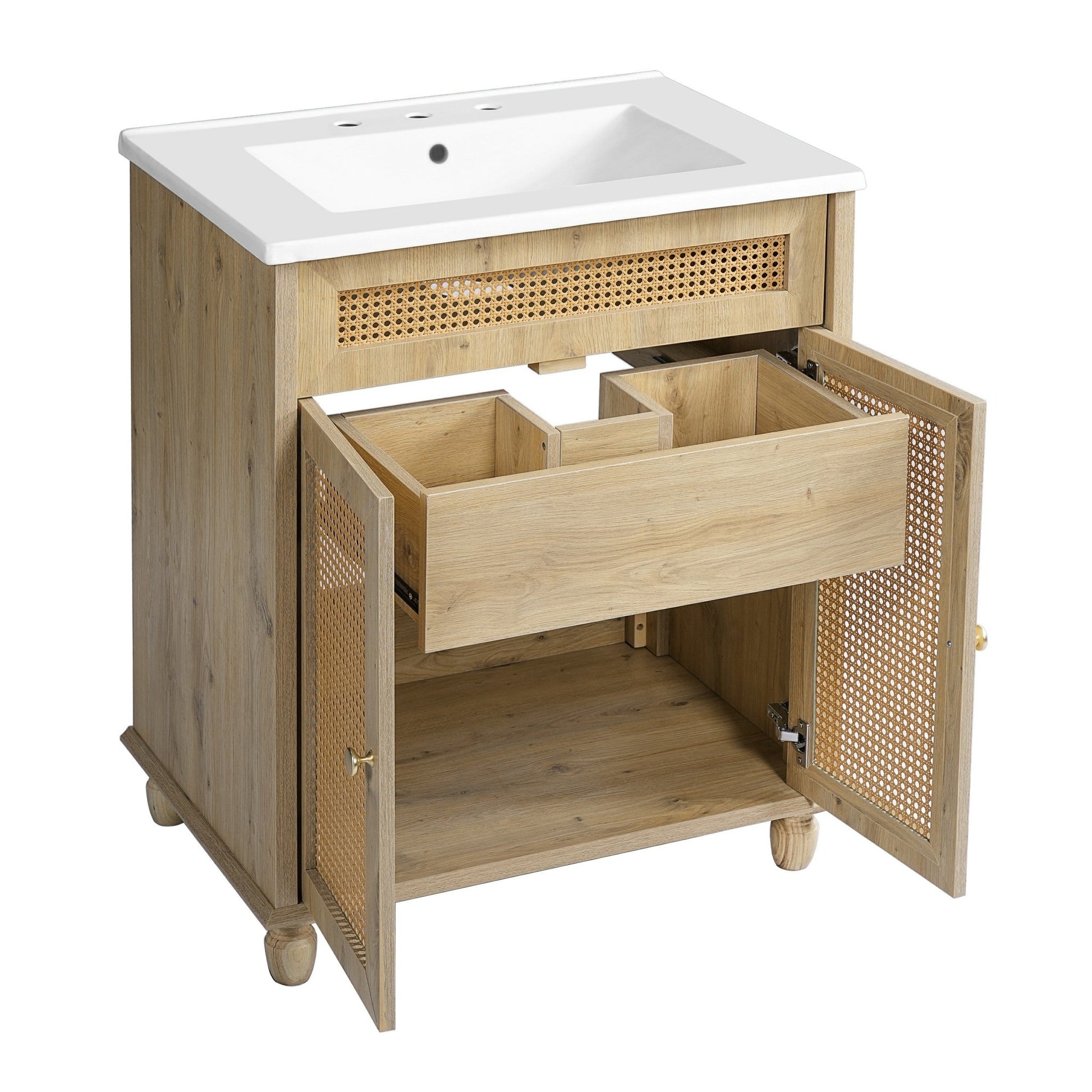 30 - Inch Bathroom Vanity with Handwoven Rattan Doors, Solid Wood Legs, Resin Basin in Natural Wood Finish - 1st Choice Furniture Direct