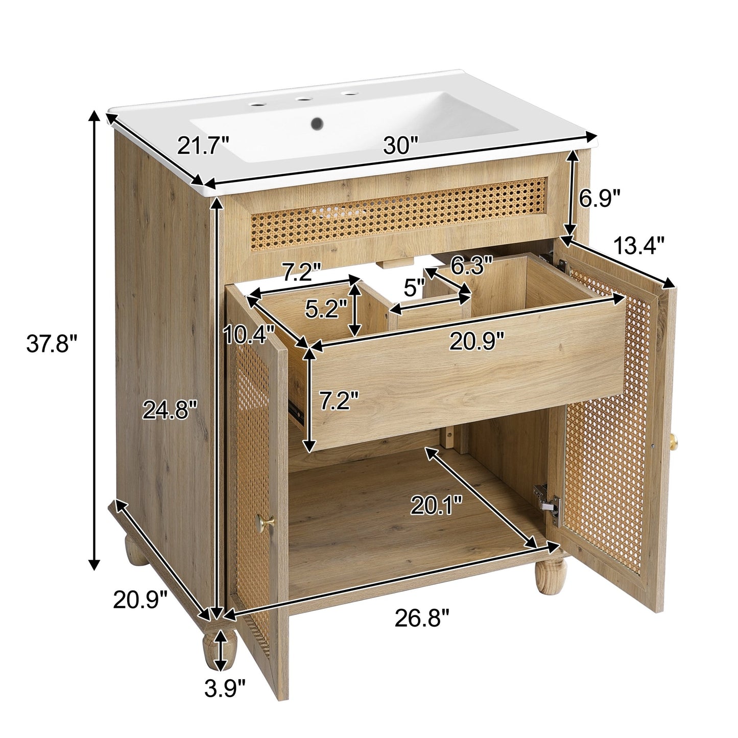 30 - Inch Bathroom Vanity with Handwoven Rattan Doors, Solid Wood Legs, Resin Basin in Natural Wood Finish - 1st Choice Furniture Direct