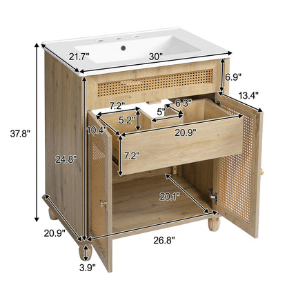 30 - Inch Bathroom Vanity with Handwoven Rattan Doors, Solid Wood Legs, Resin Basin in Natural Wood Finish - 1st Choice Furniture Direct