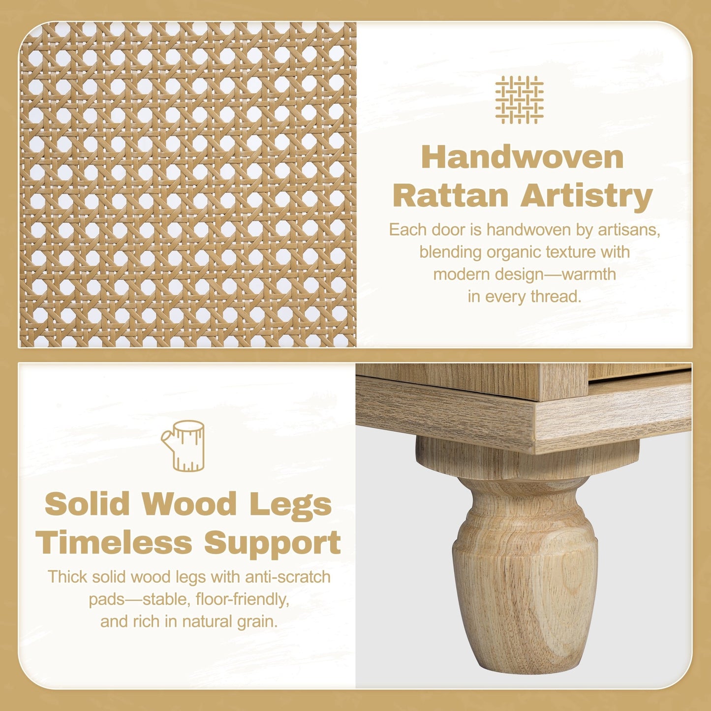 30 - Inch Bathroom Vanity with Handwoven Rattan Doors, Solid Wood Legs, Resin Basin in Natural Wood Finish - 1st Choice Furniture Direct