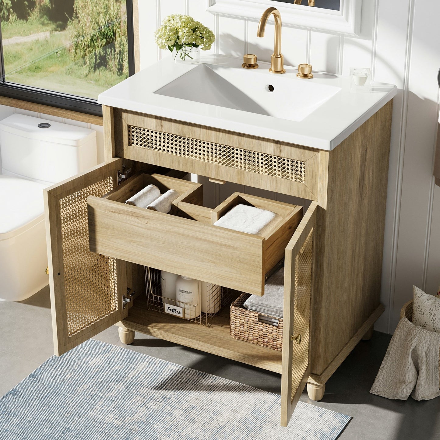 30 - Inch Bathroom Vanity with Handwoven Rattan Doors, Solid Wood Legs, Resin Basin in Natural Wood Finish - 1st Choice Furniture Direct