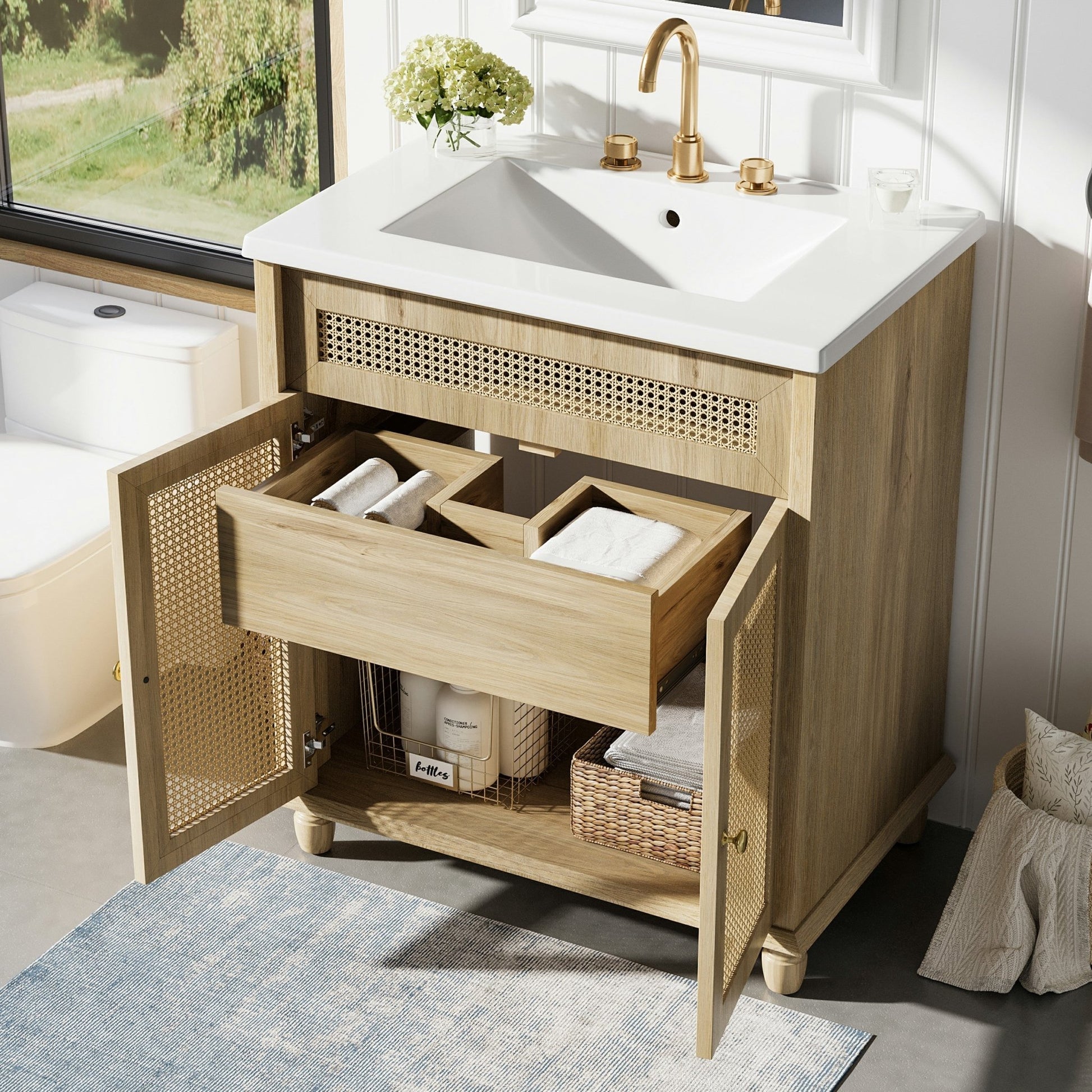30 - Inch Bathroom Vanity with Handwoven Rattan Doors, Solid Wood Legs, Resin Basin in Natural Wood Finish - 1st Choice Furniture Direct