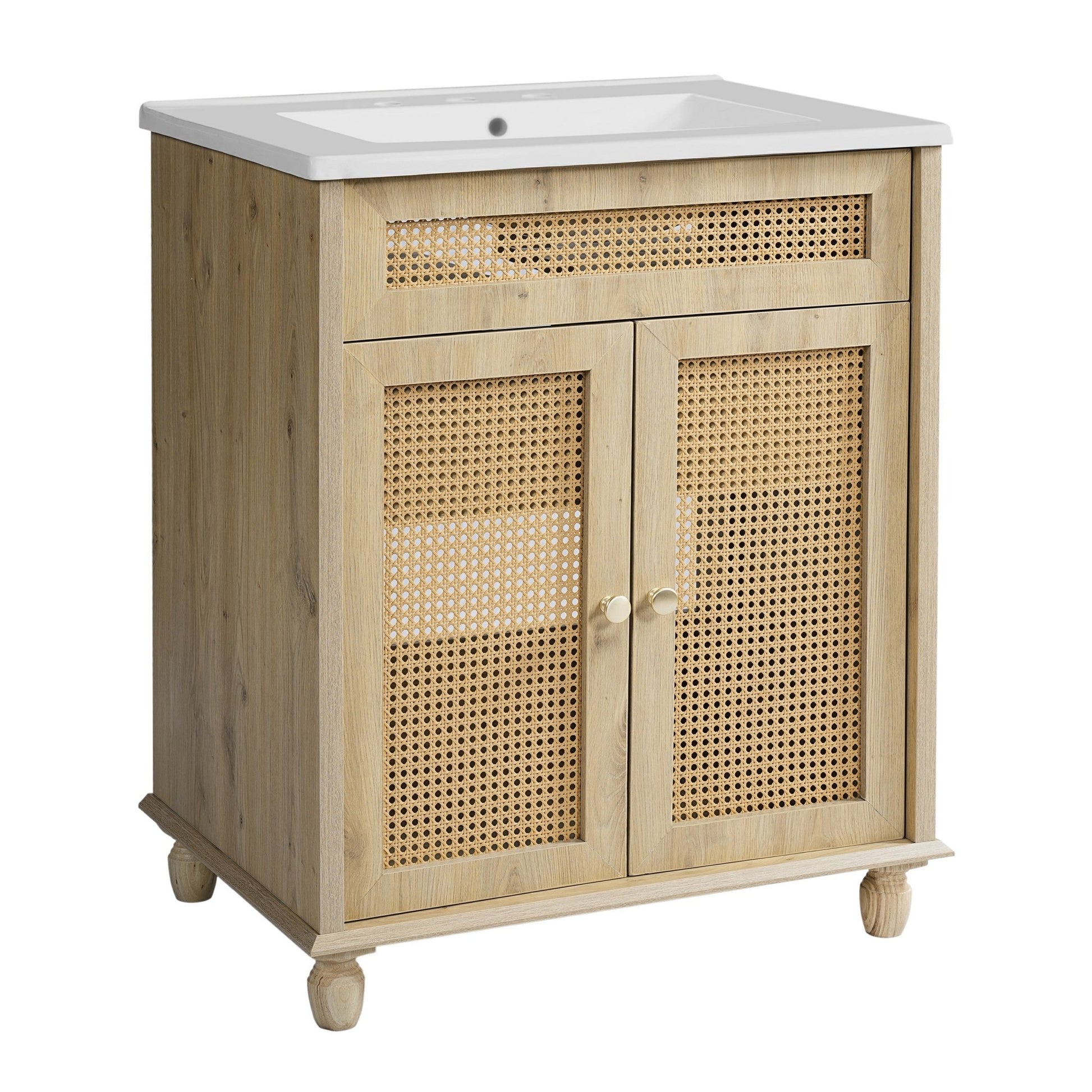 30 - Inch Bathroom Vanity with Handwoven Rattan Doors, Solid Wood Legs, Resin Basin in Natural Wood Finish - 1st Choice Furniture Direct