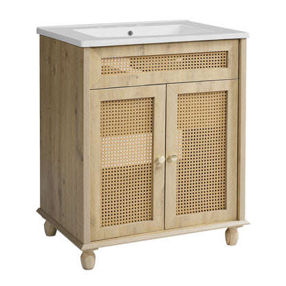 30 - Inch Bathroom Vanity with Handwoven Rattan Doors, Solid Wood Legs, Resin Basin in Natural Wood Finish - 1st Choice Furniture Direct