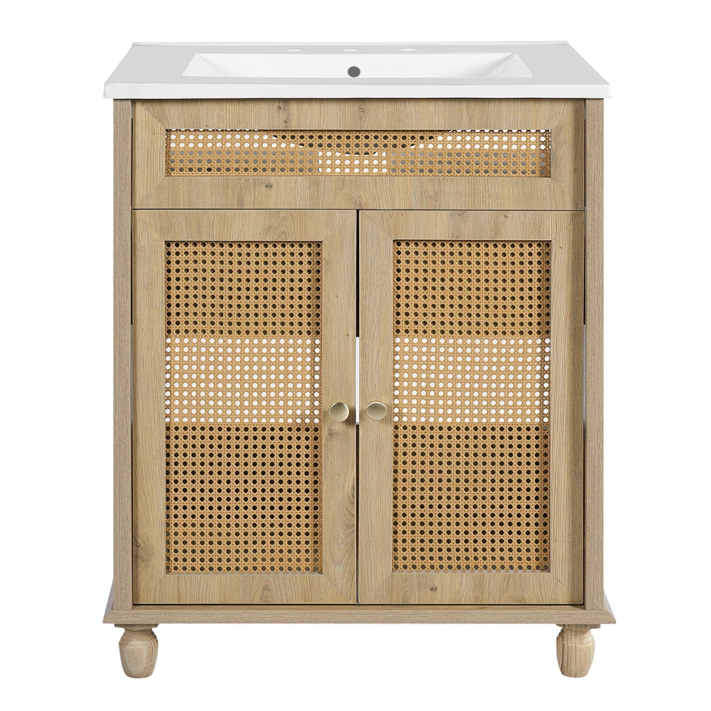 30 - Inch Bathroom Vanity with Handwoven Rattan Doors, Solid Wood Legs, Resin Basin in Natural Wood Finish - 1st Choice Furniture Direct