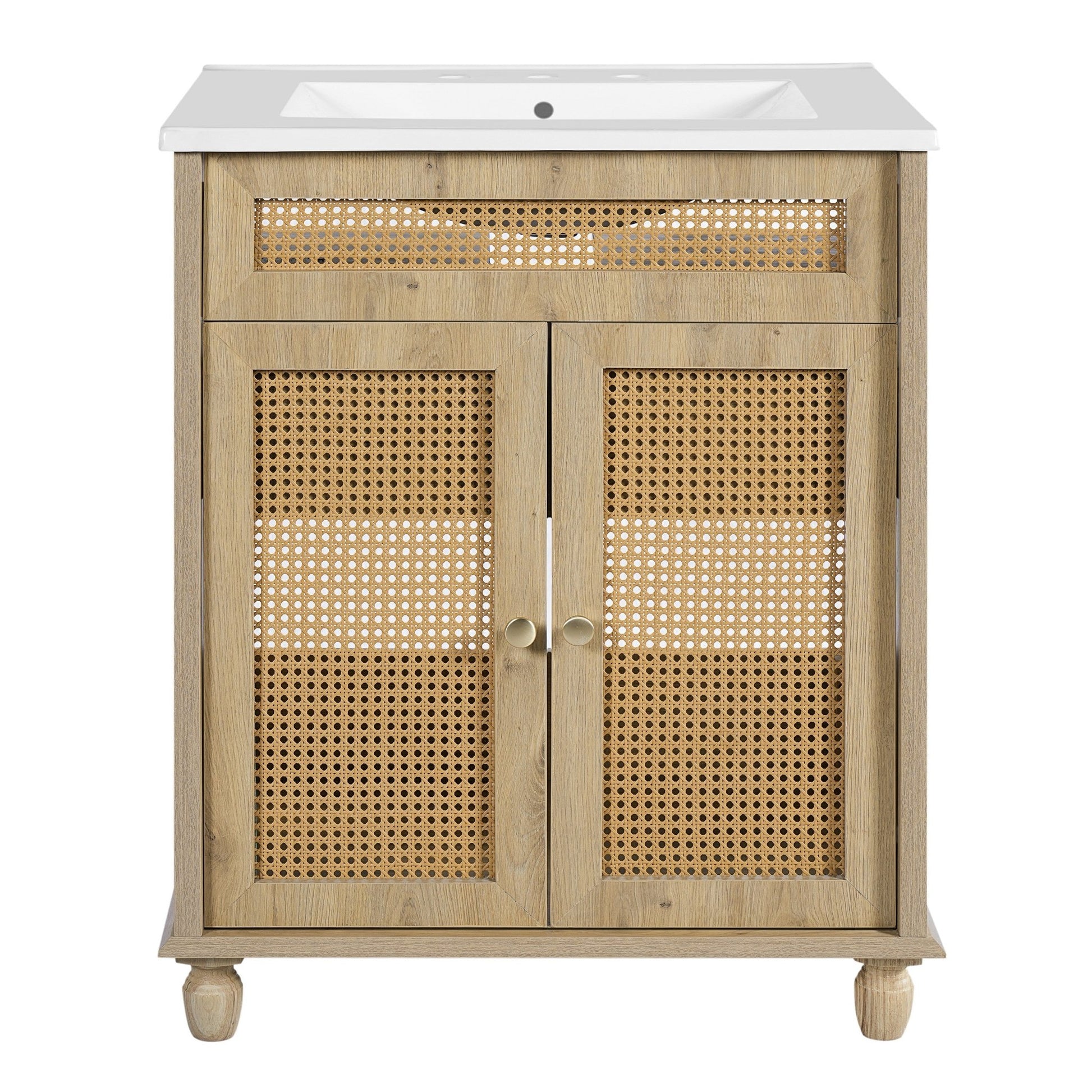 30 - Inch Bathroom Vanity with Handwoven Rattan Doors, Solid Wood Legs, Resin Basin in Natural Wood Finish - 1st Choice Furniture Direct