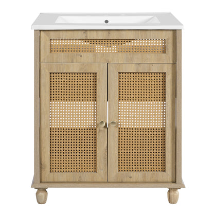 30 - Inch Bathroom Vanity with Handwoven Rattan Doors, Solid Wood Legs, Resin Basin in Natural Wood Finish - 1st Choice Furniture Direct