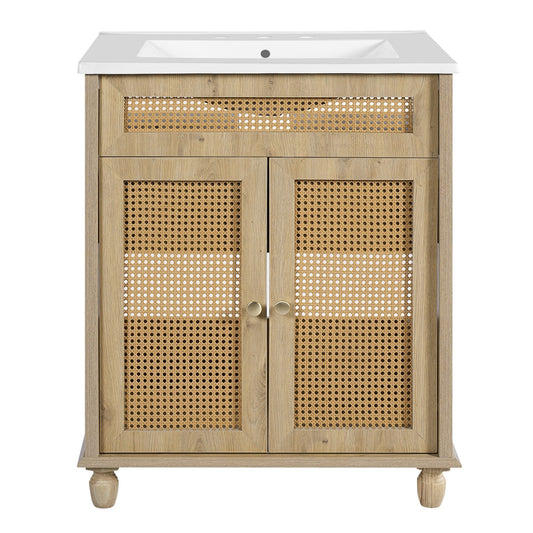 30 - Inch Bathroom Vanity with Handwoven Rattan Doors, Solid Wood Legs, Resin Basin in Natural Wood Finish - 1st Choice Furniture Direct