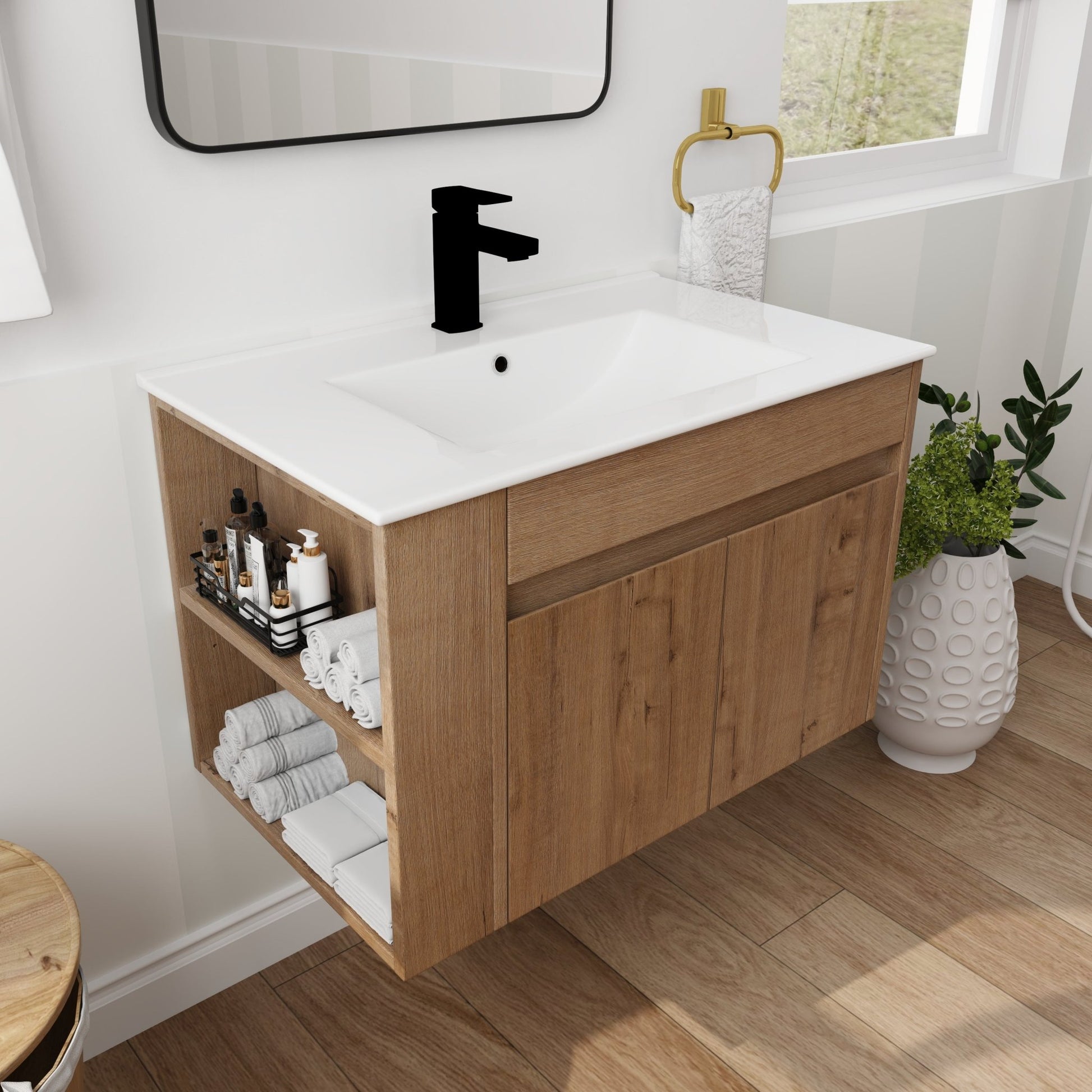 30 Inch Bathroom Vanity With White Ceramic Basin and Adjust Open Shelf(KD - PACKING) - 1st Choice Furniture Direct