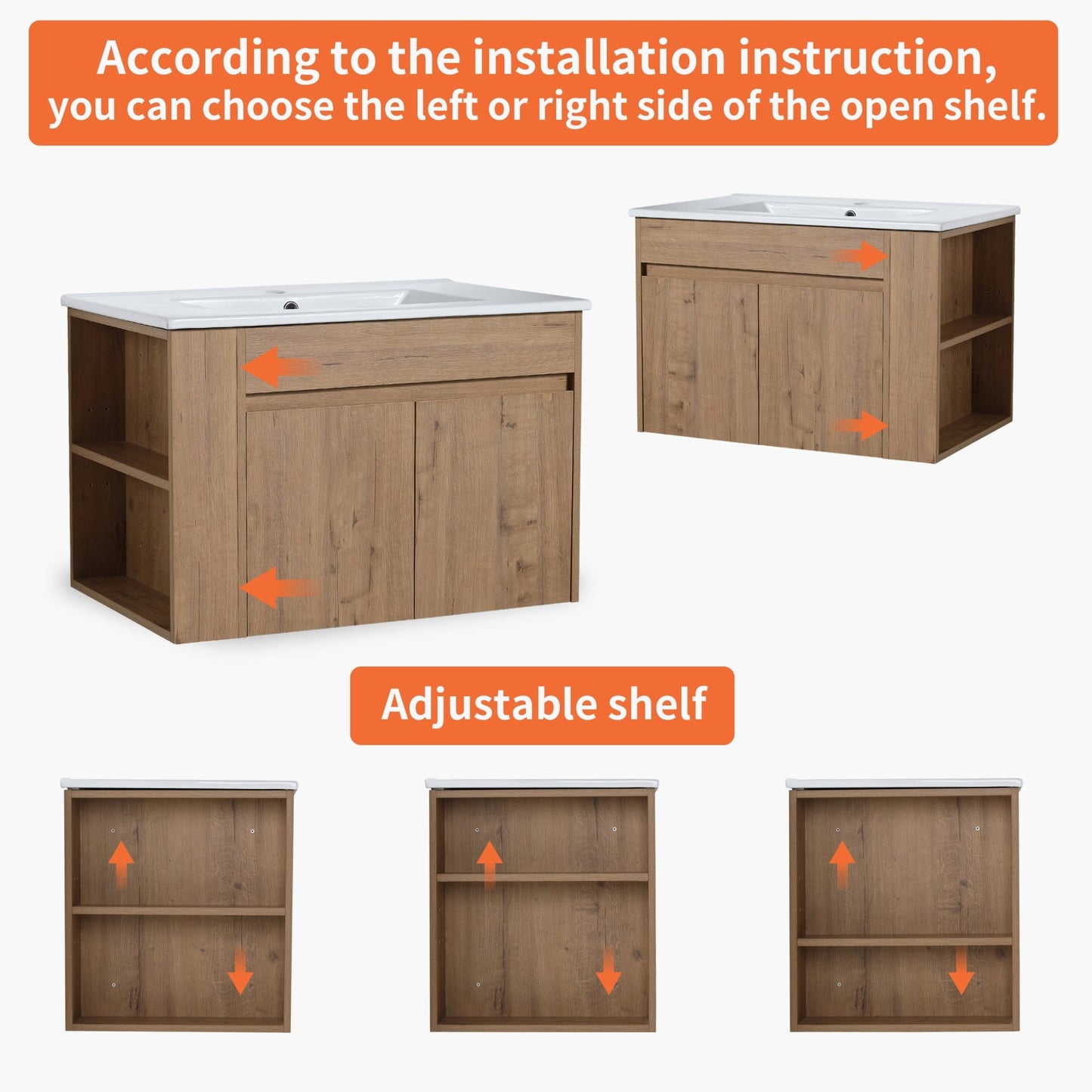 30 Inch Bathroom Vanity With White Ceramic Basin and Adjust Open Shelf(KD - PACKING) - 1st Choice Furniture Direct