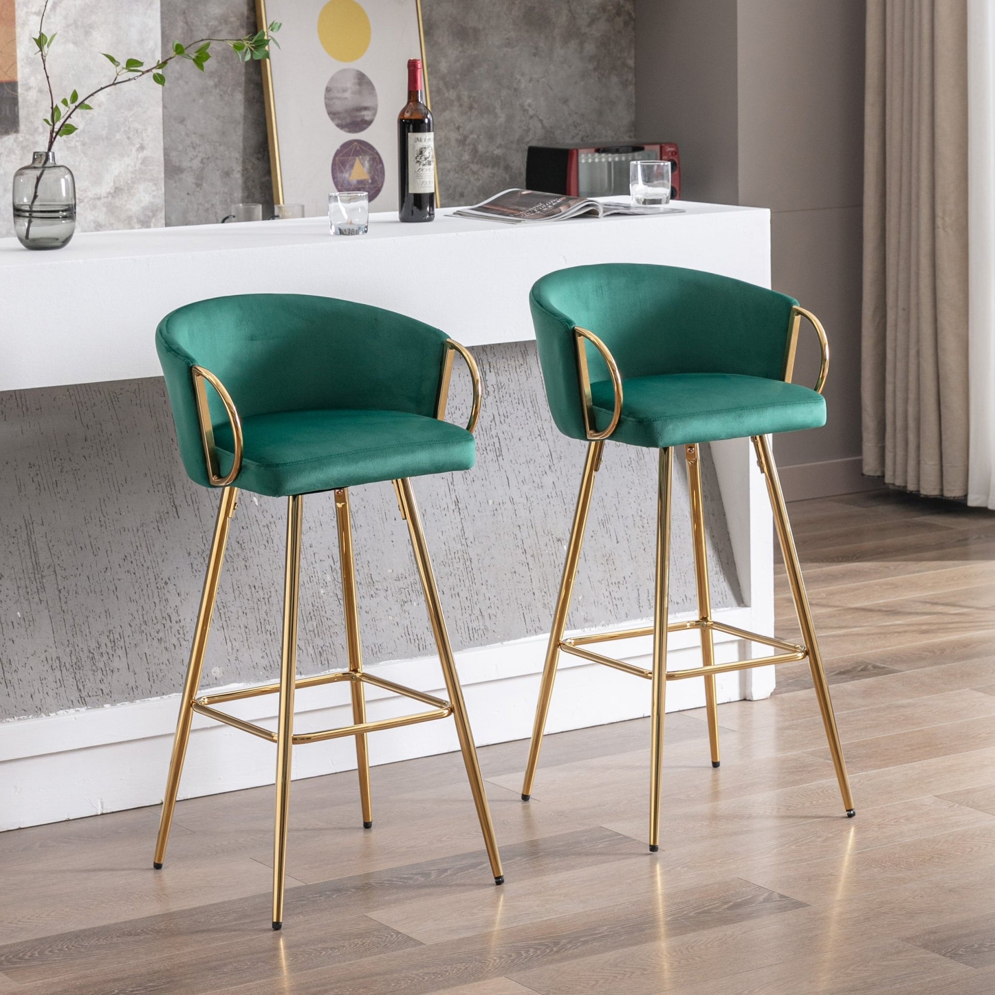 30 Inch Set of 2 Bar Stools,with Chrome Footrest and Base Velvet + Golden Leg Simple Bar Stool,GREEN - 1st Choice Furniture Direct