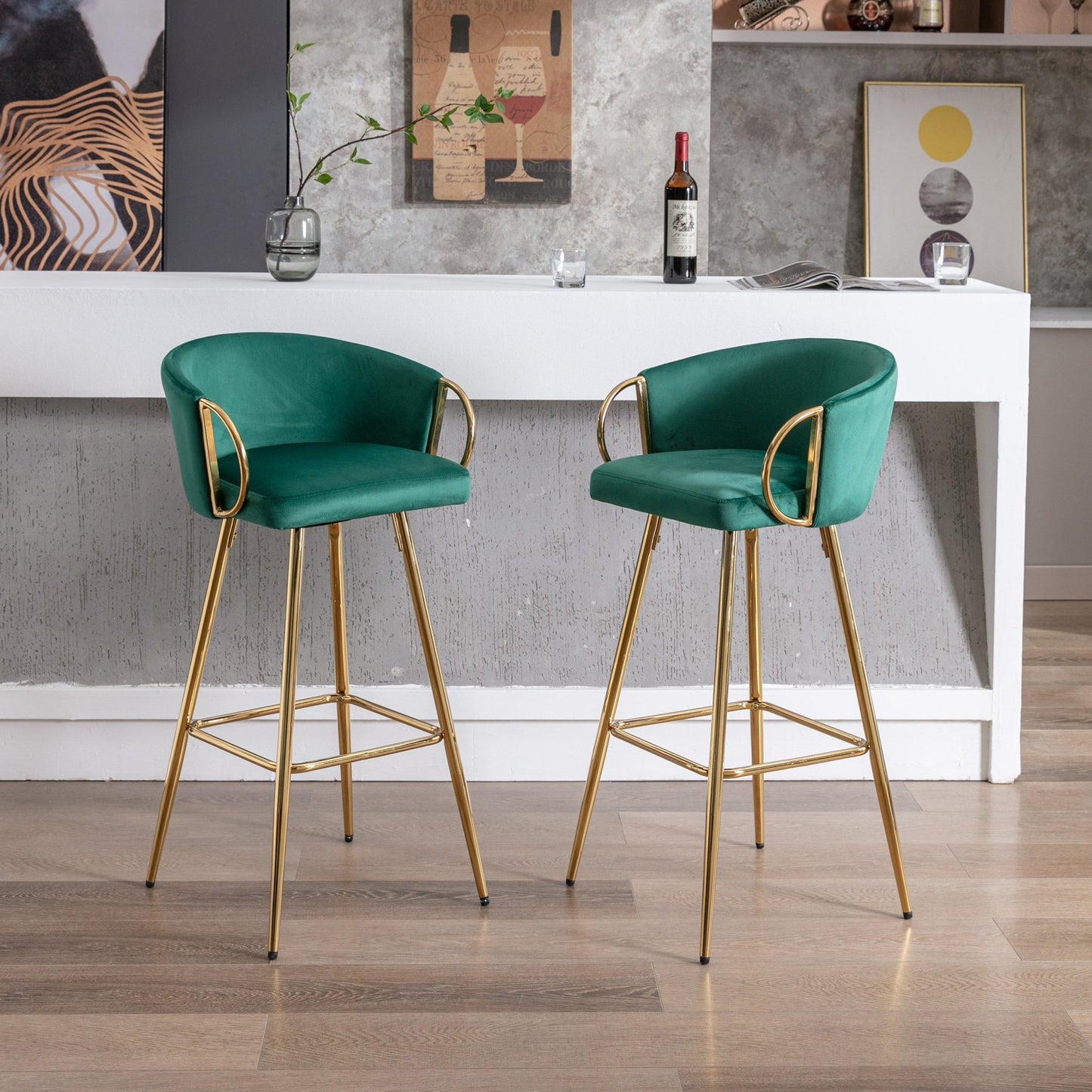 30 Inch Set of 2 Bar Stools,with Chrome Footrest and Base Velvet + Golden Leg Simple Bar Stool,GREEN - 1st Choice Furniture Direct