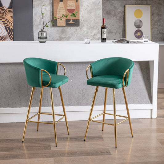 30 Inch Set of 2 Bar Stools,with Chrome Footrest and Base Velvet + Golden Leg Simple Bar Stool,GREEN - 1st Choice Furniture Direct