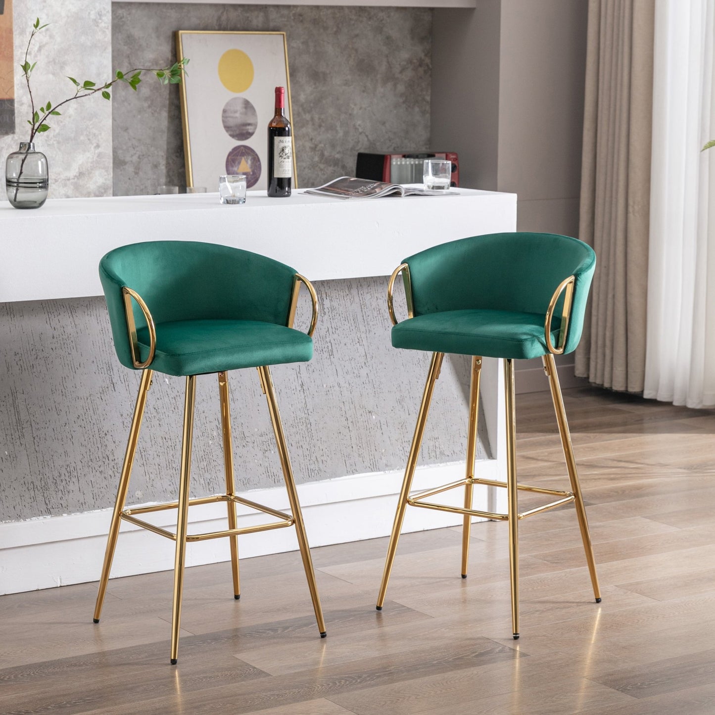 30 Inch Set of 2 Bar Stools,with Chrome Footrest and Base Velvet + Golden Leg Simple Bar Stool,GREEN - 1st Choice Furniture Direct