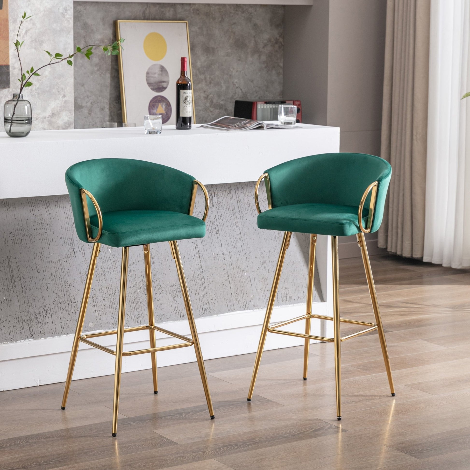 30 Inch Set of 2 Bar Stools,with Chrome Footrest and Base Velvet + Golden Leg Simple Bar Stool,GREEN - 1st Choice Furniture Direct