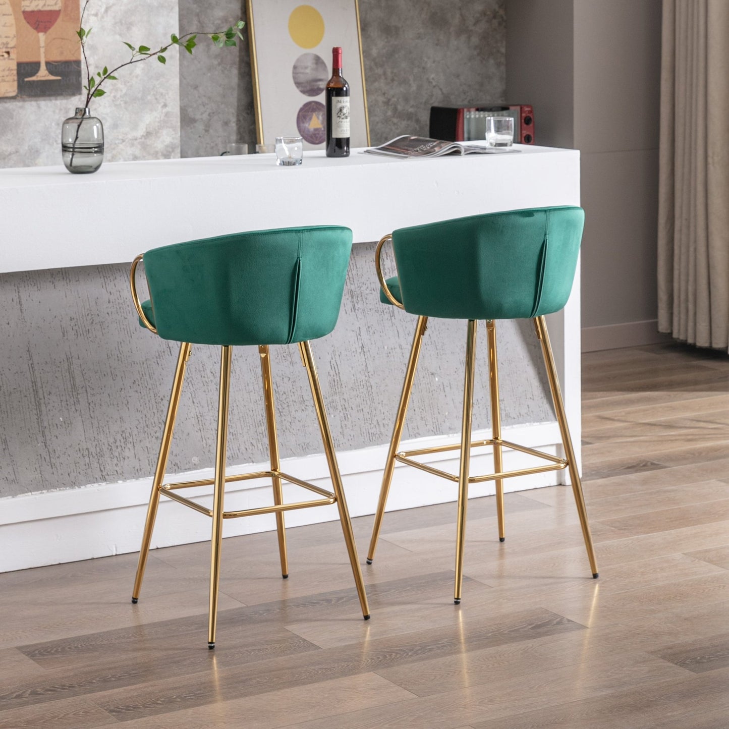 30 Inch Set of 2 Bar Stools,with Chrome Footrest and Base Velvet + Golden Leg Simple Bar Stool,GREEN - 1st Choice Furniture Direct