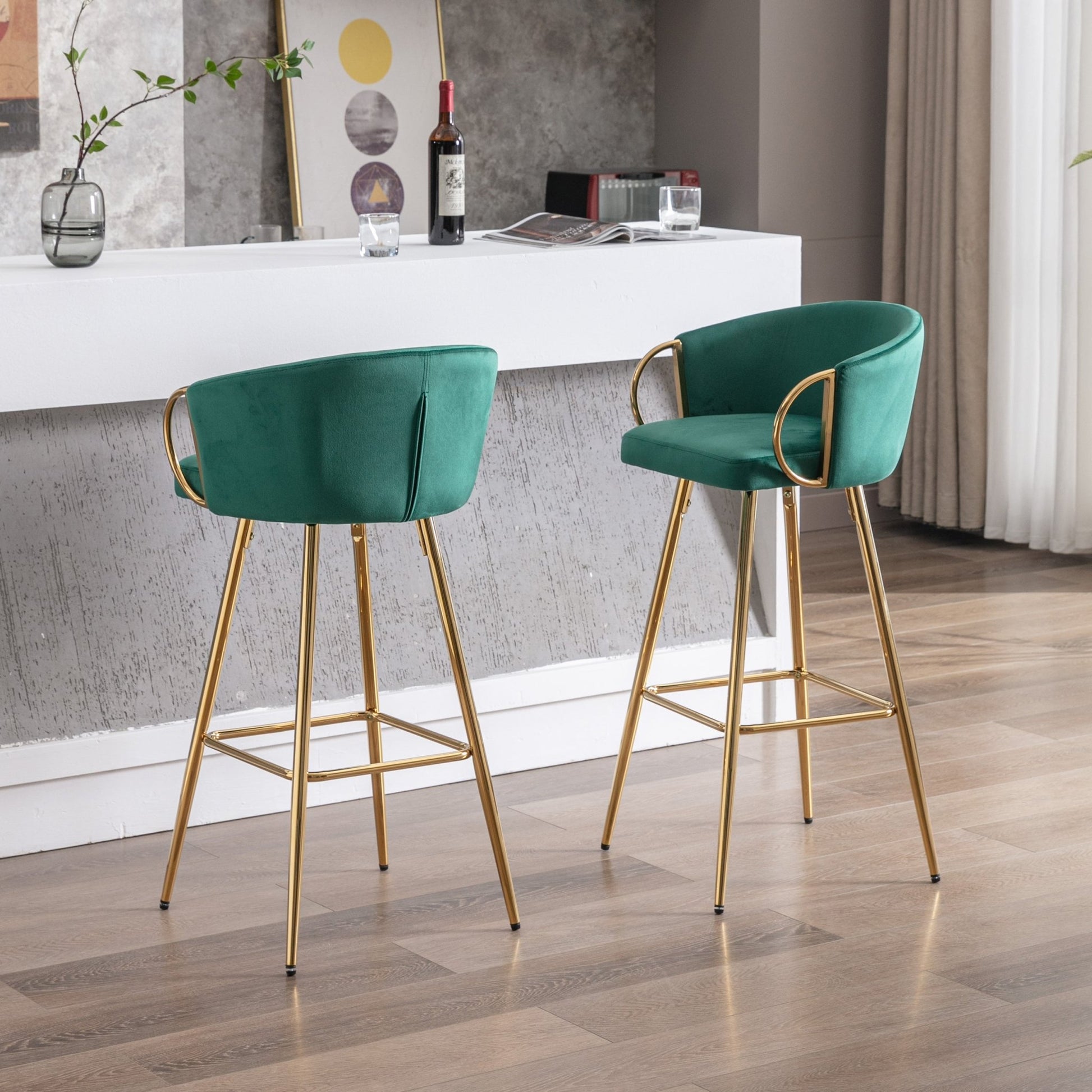 30 Inch Set of 2 Bar Stools,with Chrome Footrest and Base Velvet + Golden Leg Simple Bar Stool,GREEN - 1st Choice Furniture Direct