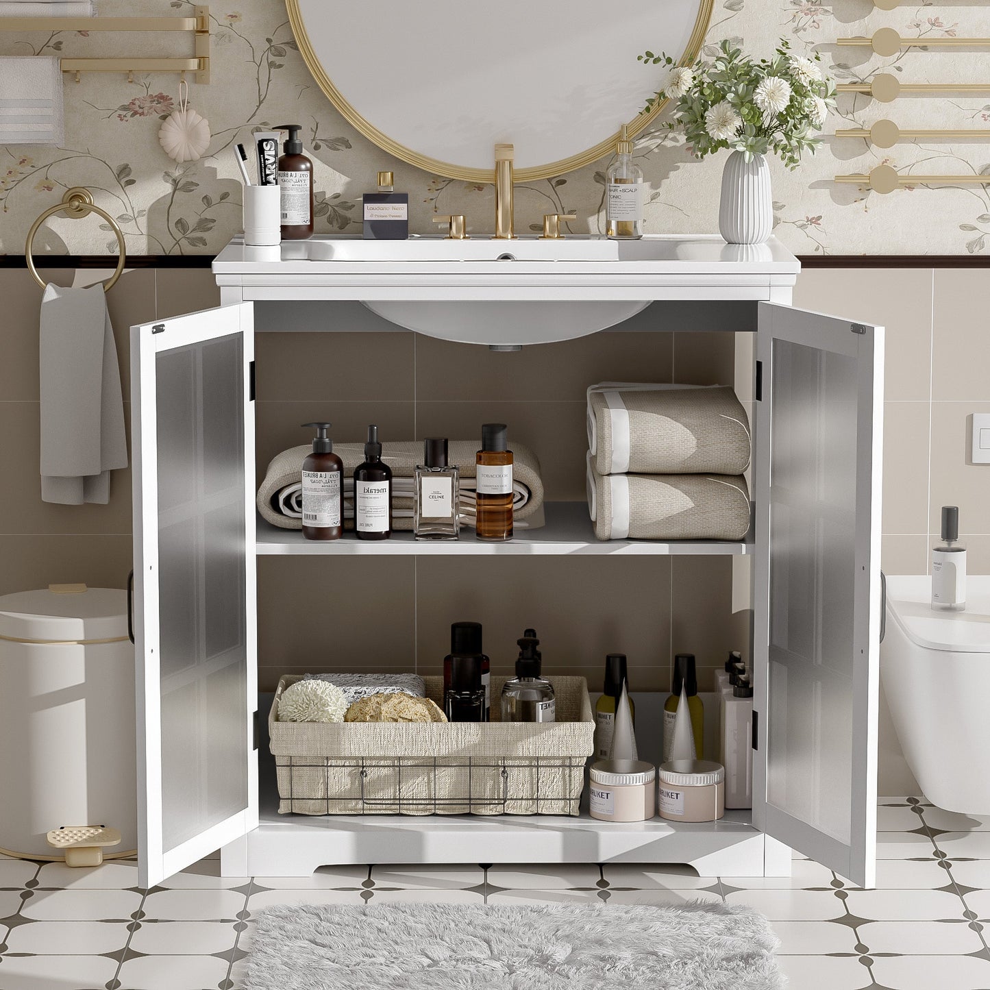 30' Modern Bathroom Vanity with Ceramic Sink, White Matte Black Handles, Tempered Blurred Glass Doors, Rubber Wood Frame, Large Storage Space - 1st Choice Furniture Direct