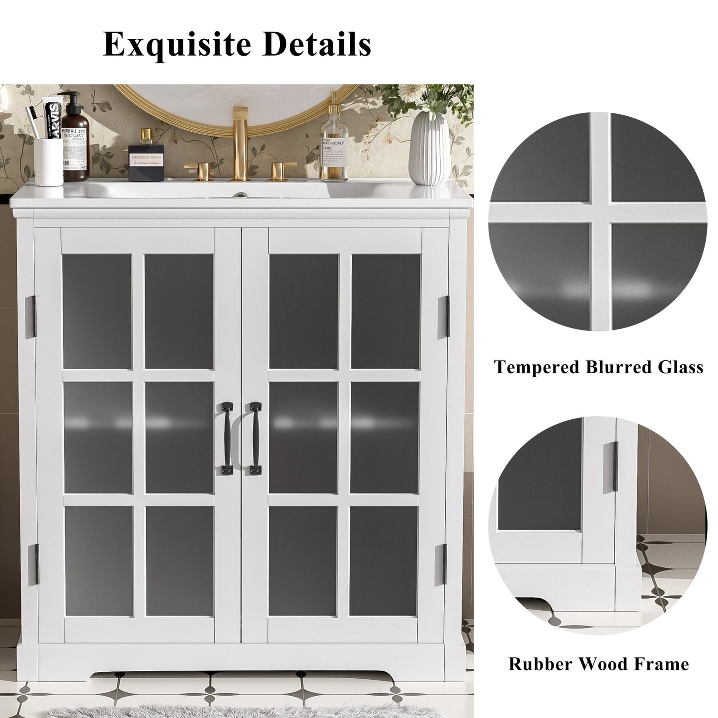 30' Modern Bathroom Vanity with Ceramic Sink, White Matte Black Handles, Tempered Blurred Glass Doors, Rubber Wood Frame, Large Storage Space - 1st Choice Furniture Direct