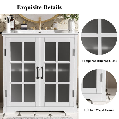30' Modern Bathroom Vanity with Ceramic Sink, White Matte Black Handles, Tempered Blurred Glass Doors, Rubber Wood Frame, Large Storage Space - 1st Choice Furniture Direct