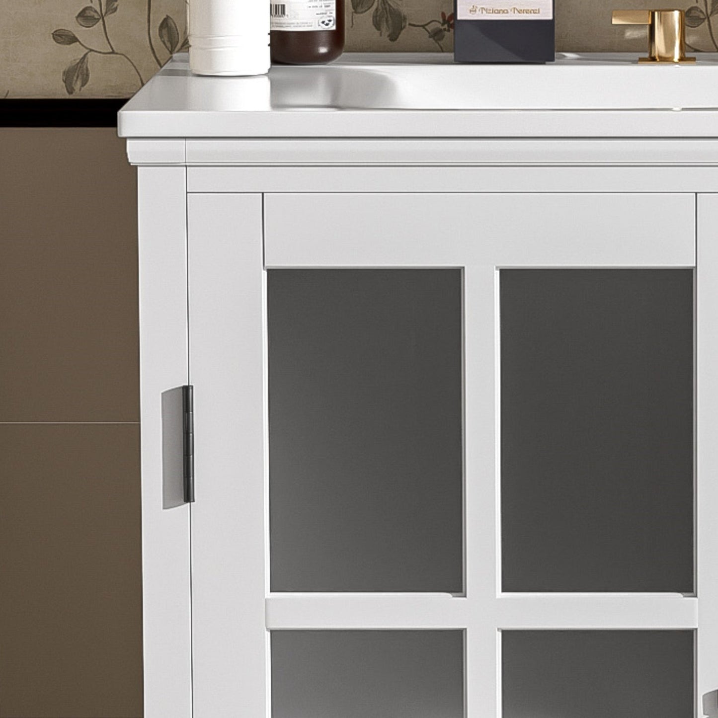 30' Modern Bathroom Vanity with Ceramic Sink, White Matte Black Handles, Tempered Blurred Glass Doors, Rubber Wood Frame, Large Storage Space - 1st Choice Furniture Direct