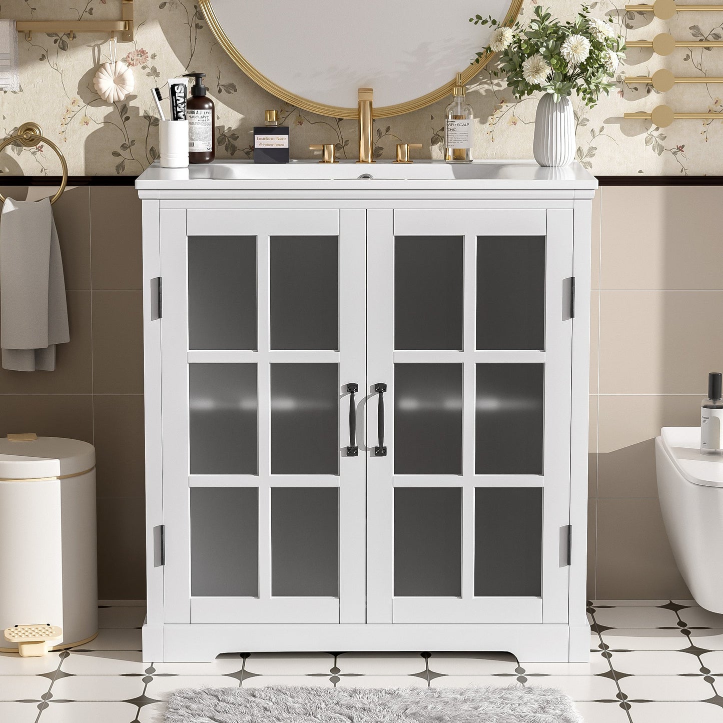 30' Modern Bathroom Vanity with Ceramic Sink, White Matte Black Handles, Tempered Blurred Glass Doors, Rubber Wood Frame, Large Storage Space - 1st Choice Furniture Direct