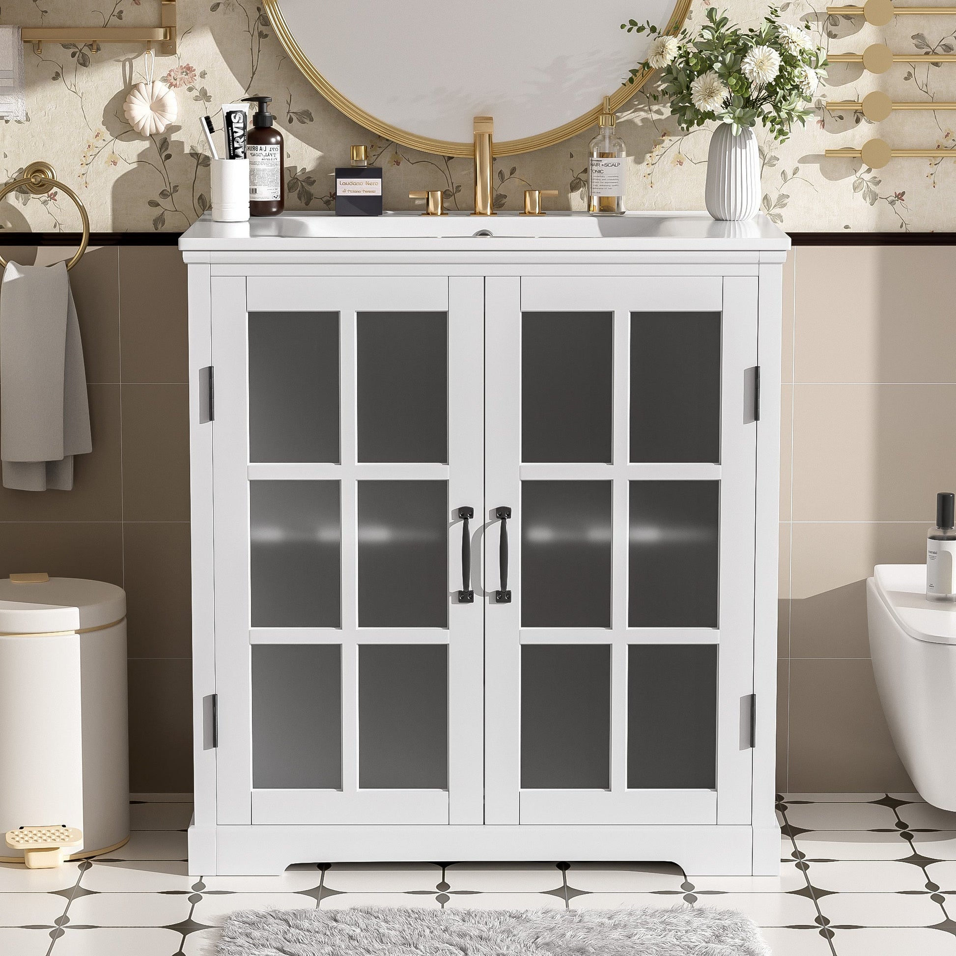 30' Modern Bathroom Vanity with Ceramic Sink, White Matte Black Handles, Tempered Blurred Glass Doors, Rubber Wood Frame, Large Storage Space - 1st Choice Furniture Direct