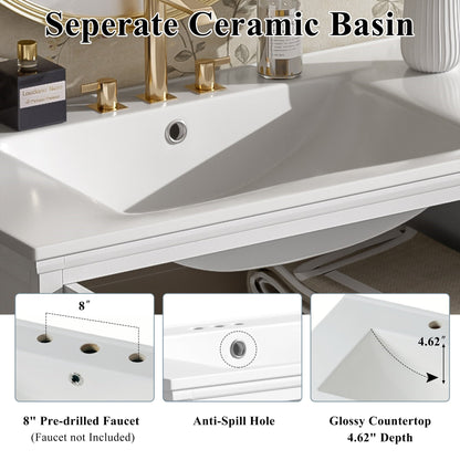 30' Modern Bathroom Vanity with Ceramic Sink, White Matte Black Handles, Tempered Blurred Glass Doors, Rubber Wood Frame, Large Storage Space - 1st Choice Furniture Direct