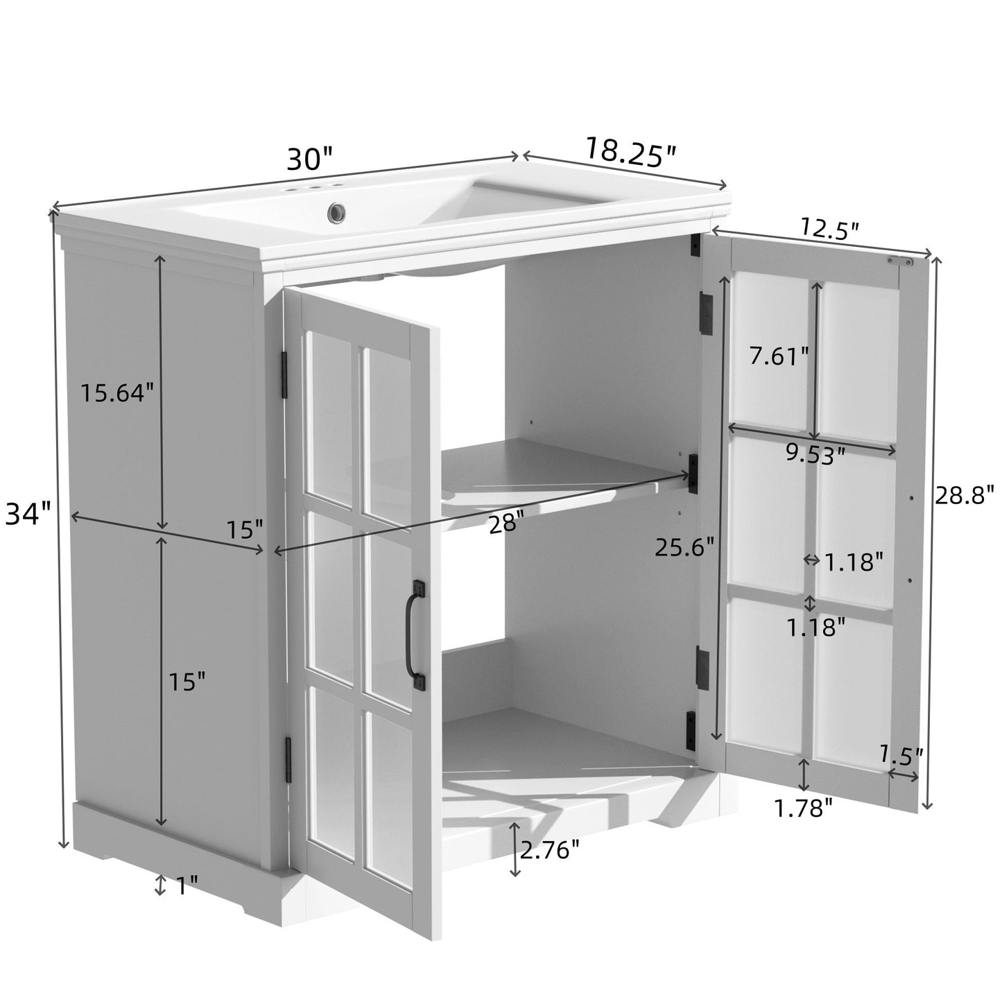 30' Modern Bathroom Vanity with Ceramic Sink, White Matte Black Handles, Tempered Blurred Glass Doors, Rubber Wood Frame, Large Storage Space - 1st Choice Furniture Direct