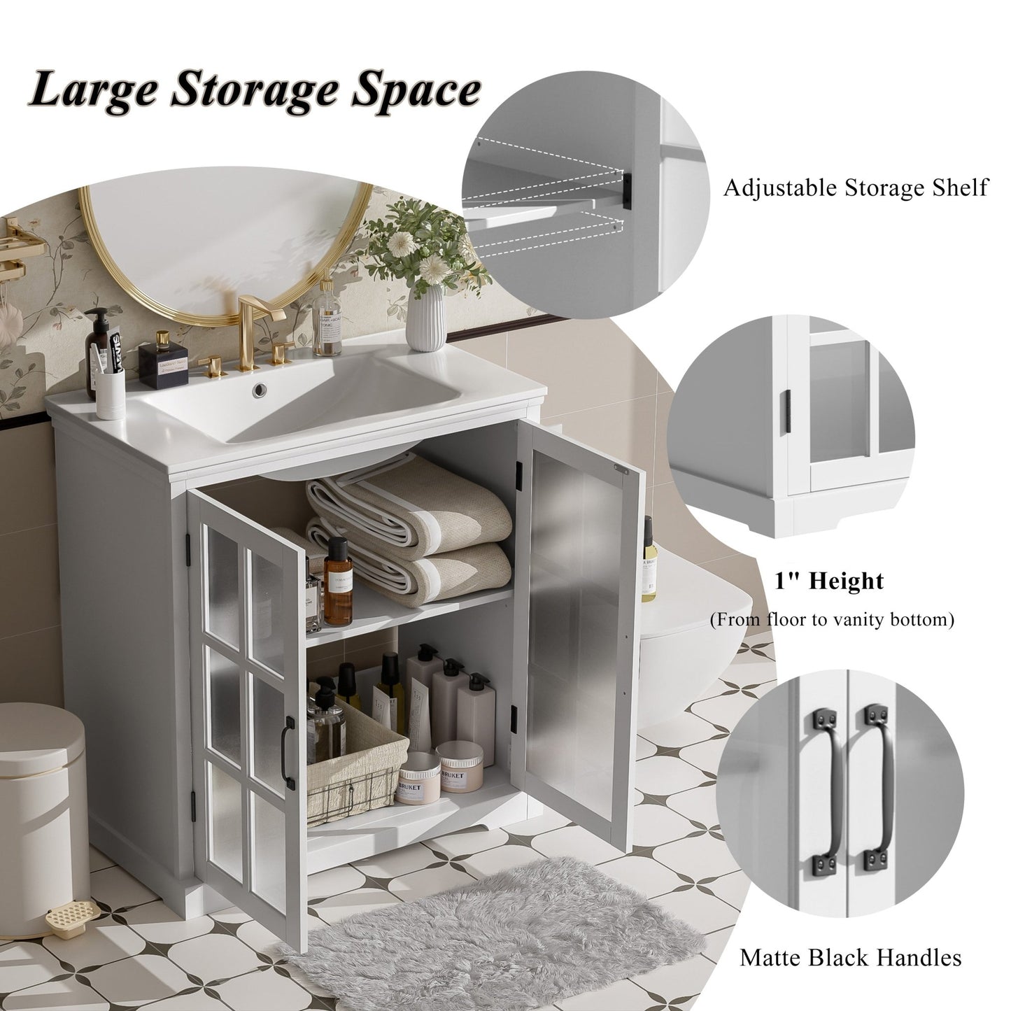 30' Modern Bathroom Vanity with Ceramic Sink, White Matte Black Handles, Tempered Blurred Glass Doors, Rubber Wood Frame, Large Storage Space - 1st Choice Furniture Direct