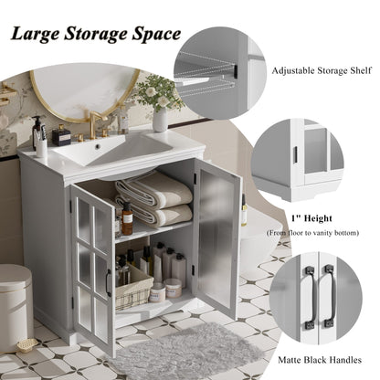 30' Modern Bathroom Vanity with Ceramic Sink, White Matte Black Handles, Tempered Blurred Glass Doors, Rubber Wood Frame, Large Storage Space - 1st Choice Furniture Direct