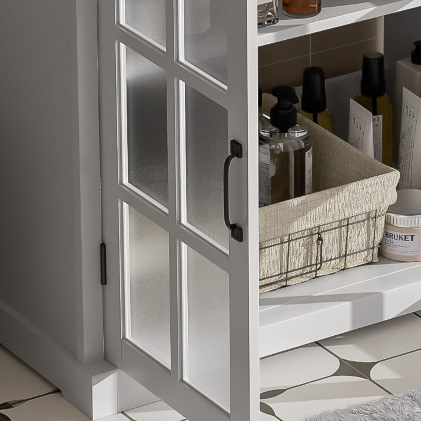 30' Modern Bathroom Vanity with Ceramic Sink, White Matte Black Handles, Tempered Blurred Glass Doors, Rubber Wood Frame, Large Storage Space - 1st Choice Furniture Direct
