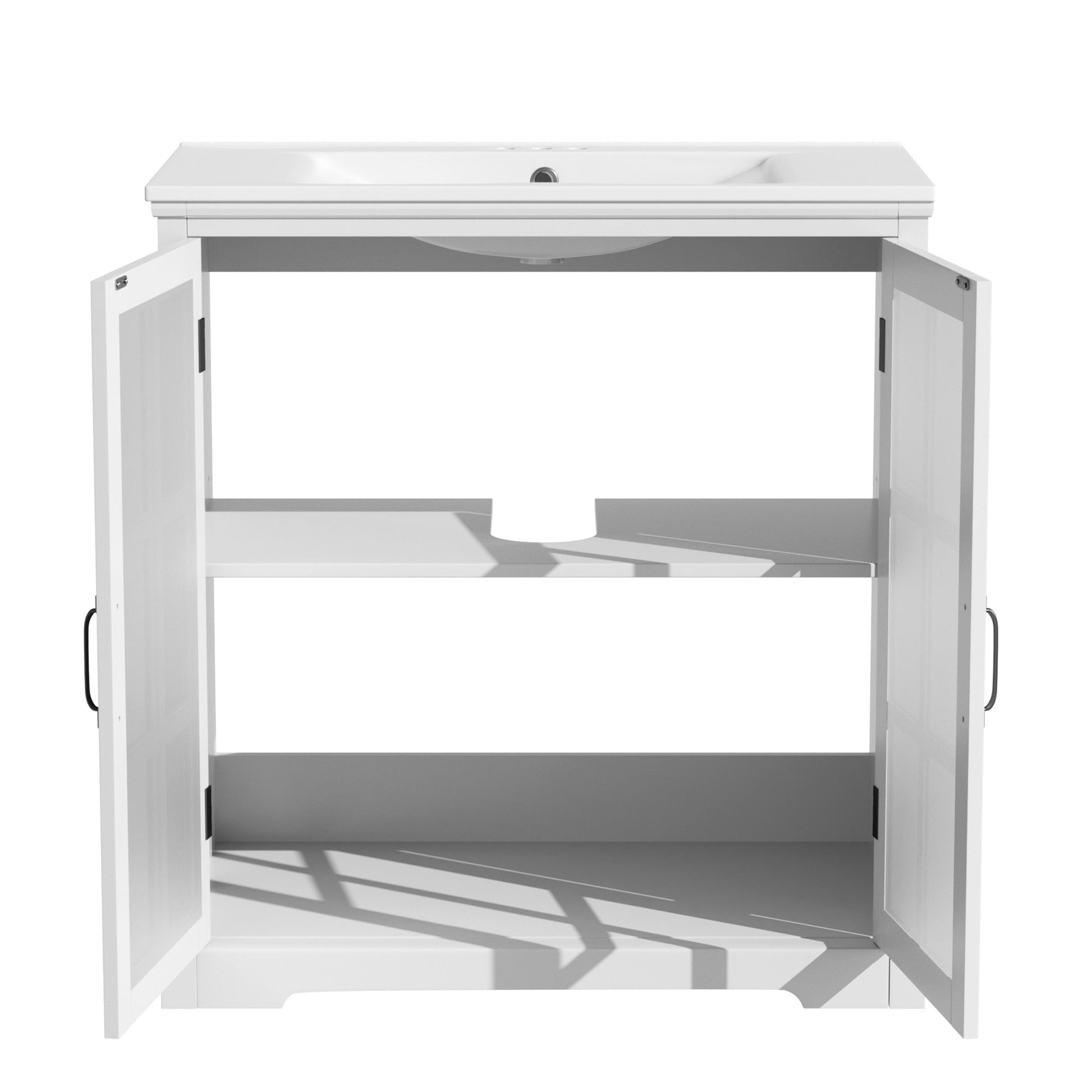 30' Modern Bathroom Vanity with Ceramic Sink, White Matte Black Handles, Tempered Blurred Glass Doors, Rubber Wood Frame, Large Storage Space - 1st Choice Furniture Direct