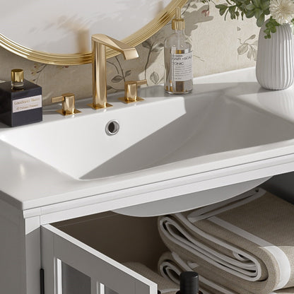 30' Modern Bathroom Vanity with Ceramic Sink, White Matte Black Handles, Tempered Blurred Glass Doors, Rubber Wood Frame, Large Storage Space - 1st Choice Furniture Direct