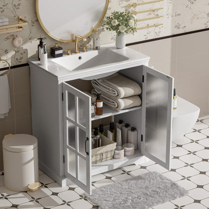 30' Modern Bathroom Vanity with Ceramic Sink, White Matte Black Handles, Tempered Blurred Glass Doors, Rubber Wood Frame, Large Storage Space - 1st Choice Furniture Direct