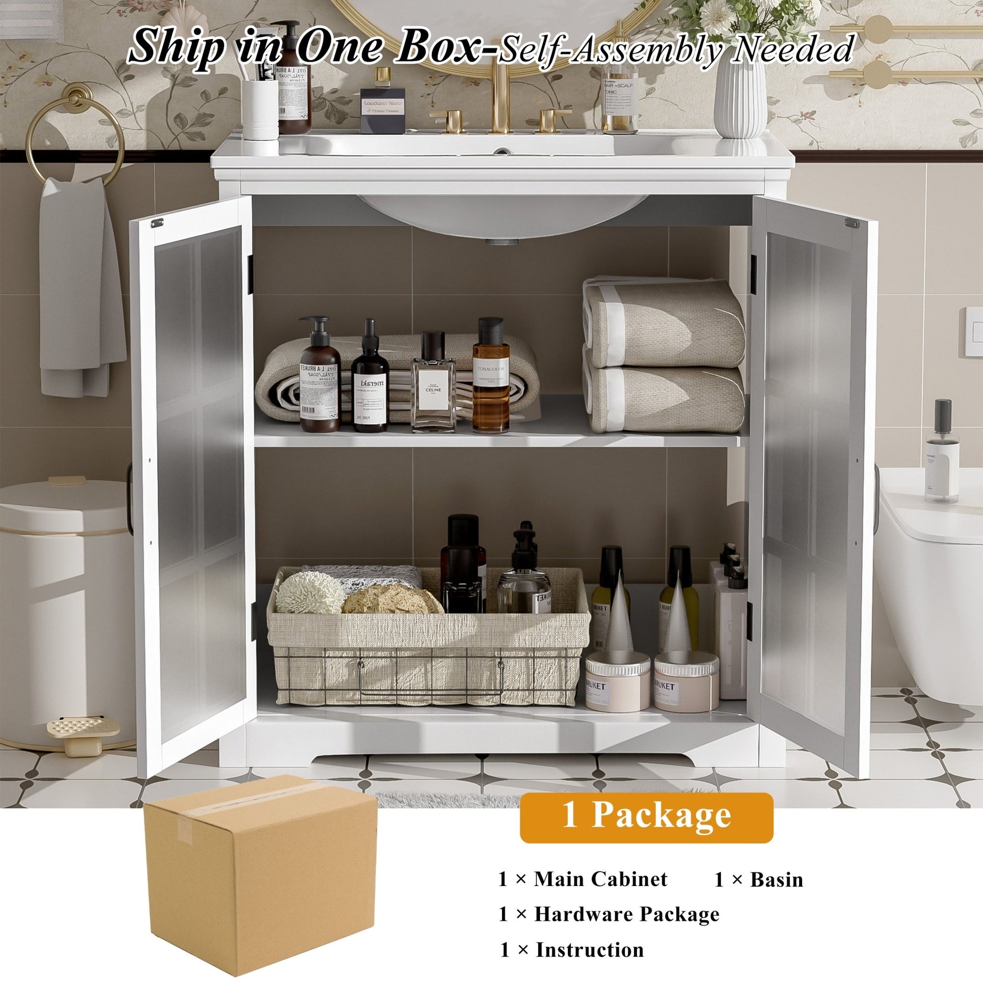 30' Modern Bathroom Vanity with Ceramic Sink, White Matte Black Handles, Tempered Blurred Glass Doors, Rubber Wood Frame, Large Storage Space - 1st Choice Furniture Direct