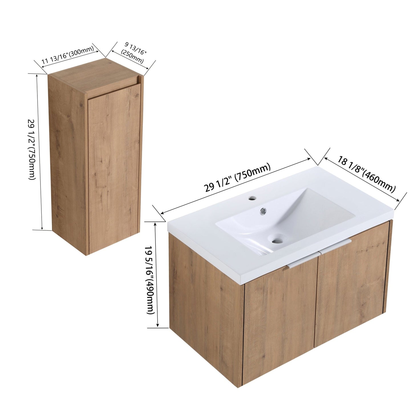 30' Wall-Mounted Bathroom Vanity With Sink and Side Cabinet, Soft Close Doors,00112IMO-00630IMO Combination Cabinet(KD-Packing) - 1st Choice Furniture Direct