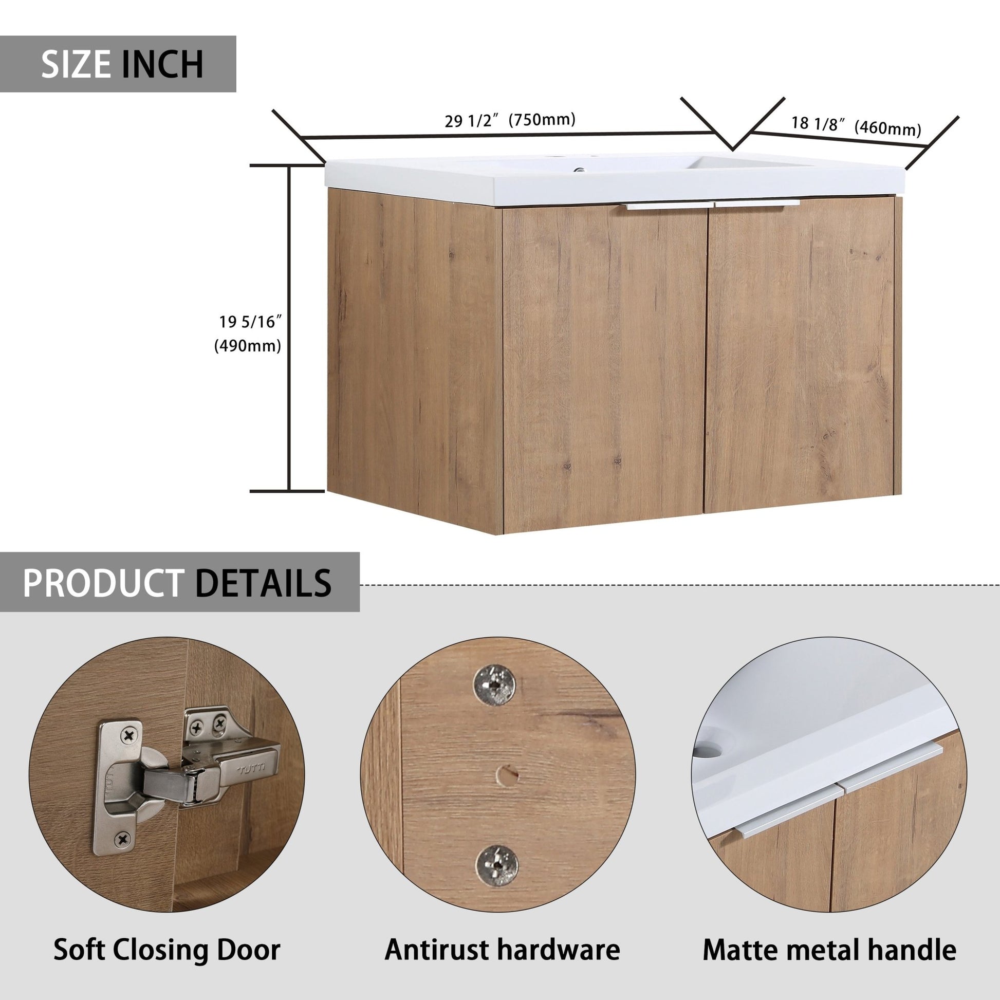 30' Wall-Mounted Bathroom Vanity With Sink and Side Cabinet, Soft Close Doors,00112IMO-00630IMO Combination Cabinet(KD-Packing) - 1st Choice Furniture Direct