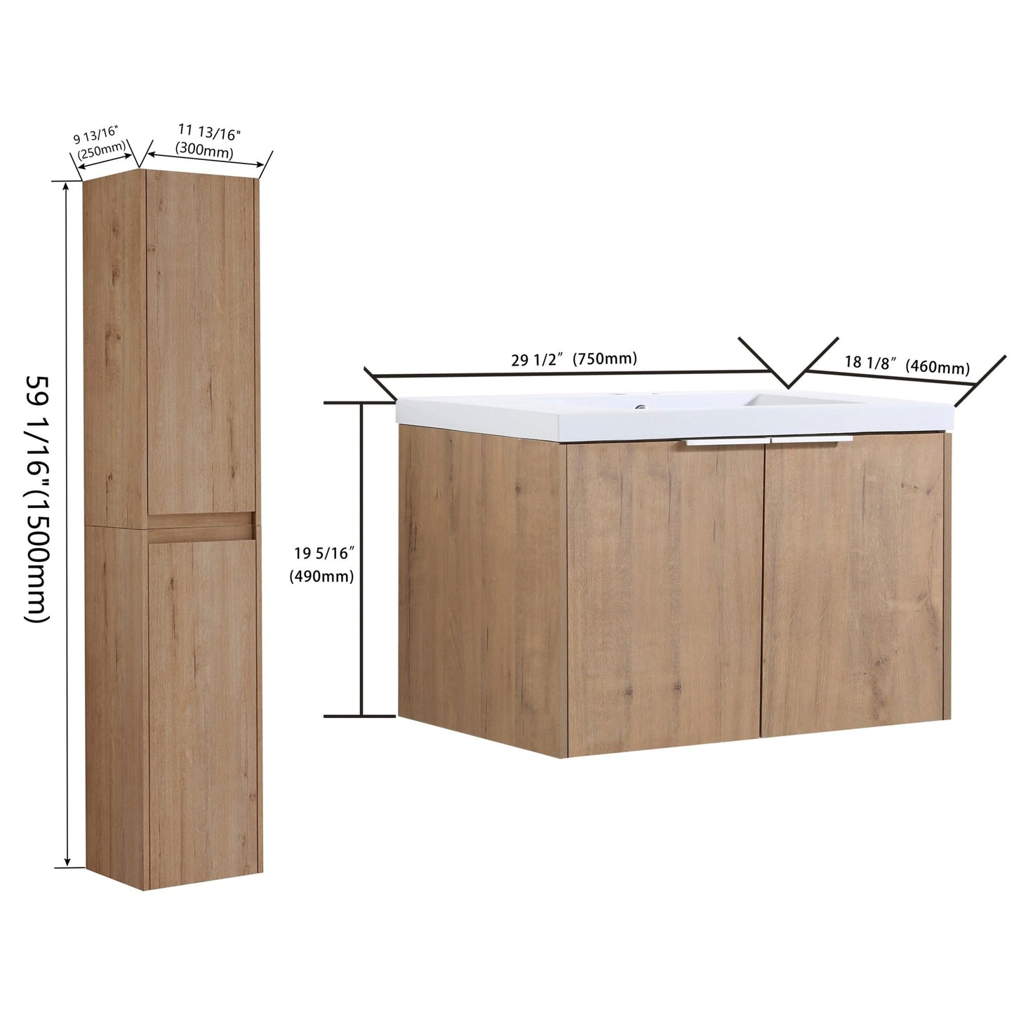 30' Wall - Mounted Bathroom Vanity With Sink and Side Cabinet, Soft Close Doors,00112IMO x 2 - 00630IMO Combination Cabinet(KD - Packing) - 1st Choice Furniture Direct