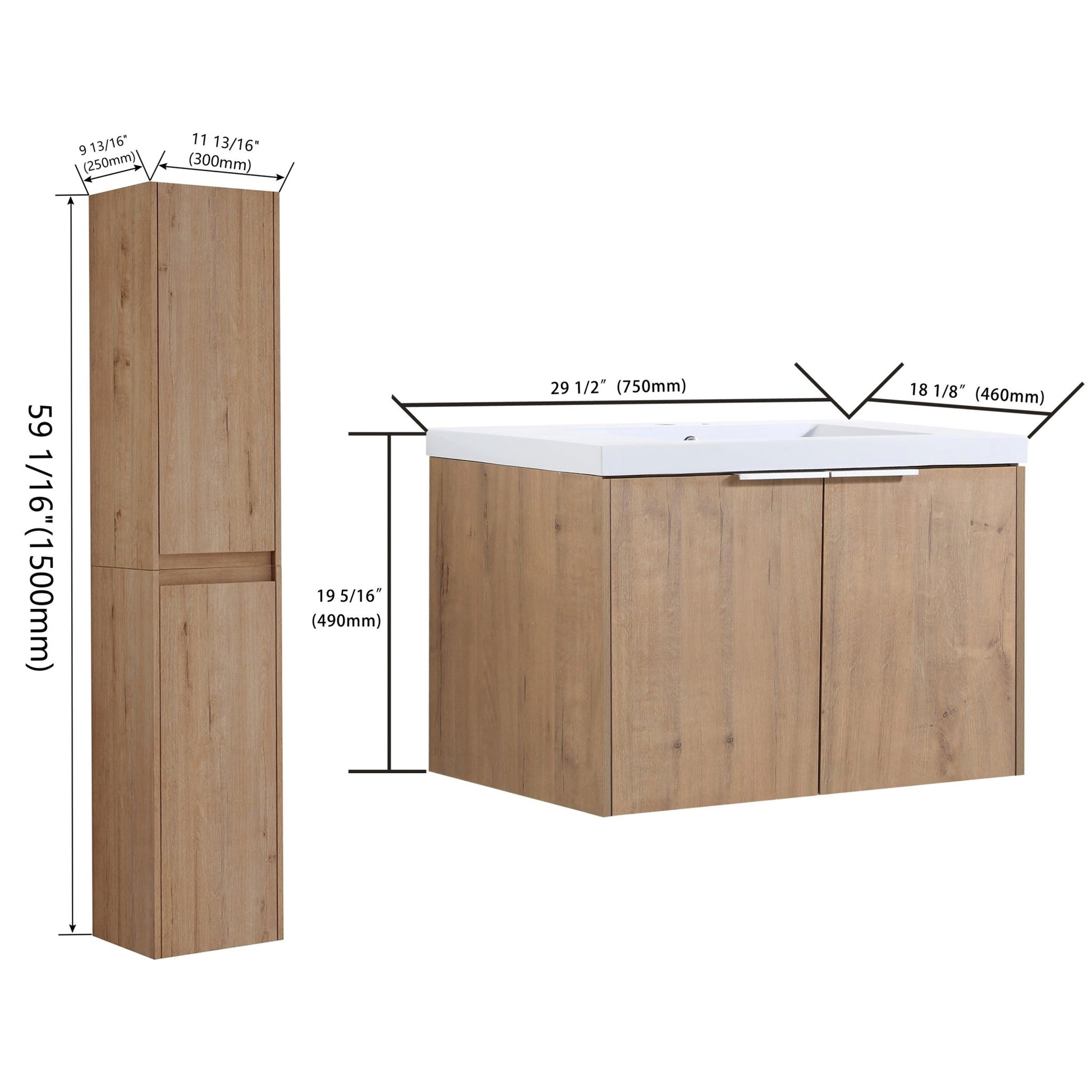 30' Wall - Mounted Bathroom Vanity With Sink and Side Cabinet, Soft Close Doors,00112IMO x 2 - 00630IMO Combination Cabinet(KD - Packing) - 1st Choice Furniture Direct