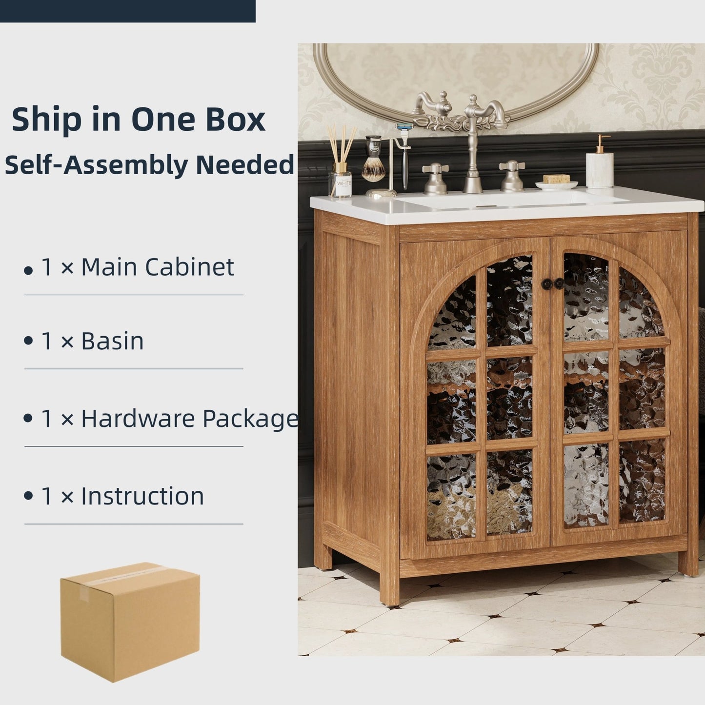 31-Inch Antique Natural Bathroom Vanity with Ceramic Sink - 1st Choice Furniture Direct