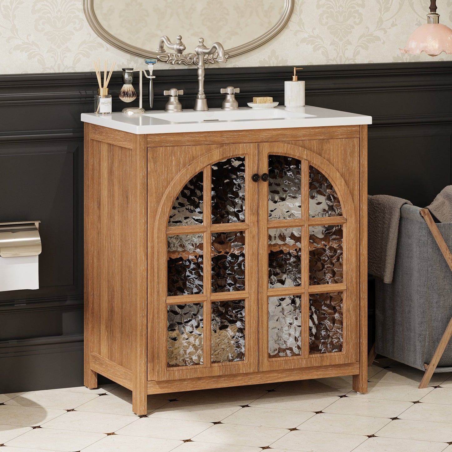 31-Inch Antique Natural Bathroom Vanity with Ceramic Sink - 1st Choice Furniture Direct