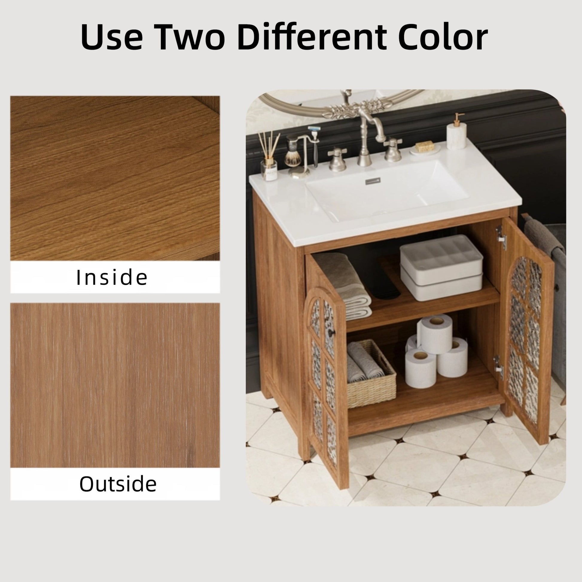31-Inch Antique Natural Bathroom Vanity with Ceramic Sink - 1st Choice Furniture Direct