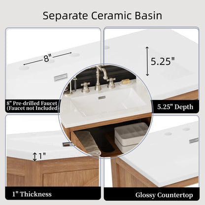 31-Inch Antique Natural Bathroom Vanity with Ceramic Sink - 1st Choice Furniture Direct