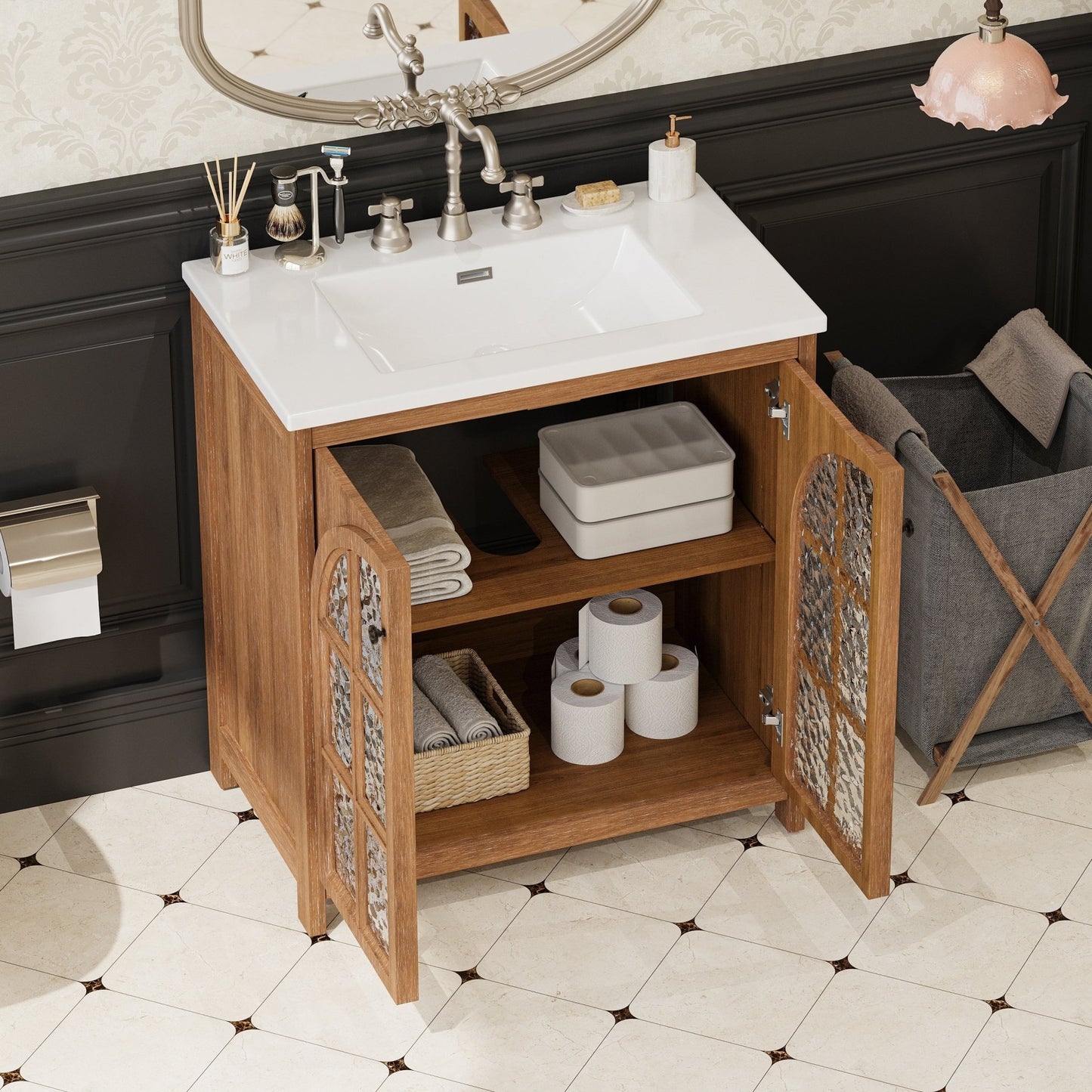 31-Inch Antique Natural Bathroom Vanity with Ceramic Sink - 1st Choice Furniture Direct